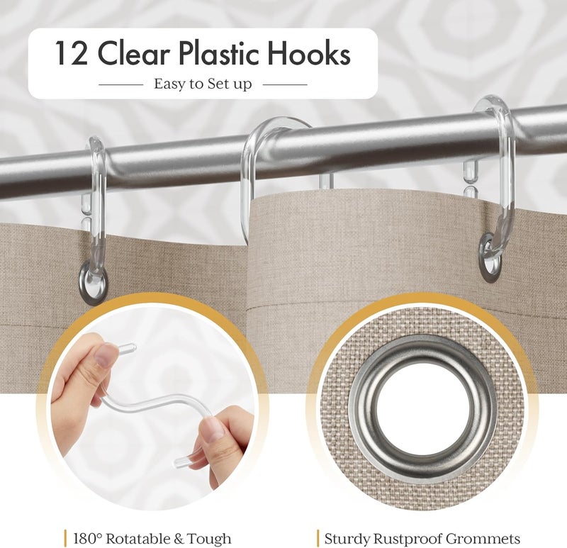 AmazerBath Farmhouse Shower Curtains for Bathroom, Tan Shower Curtain with Tassels, Taupe Rustic Faux Linen Shower Curtain Set with 12 Hooks, 72x72 Inches - Image 4